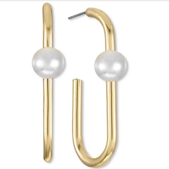 NWT Alfani Gold-Tone & Imitation Pearl Open Oval Hoop Earrings, Gold tone - Picture 1 of 4